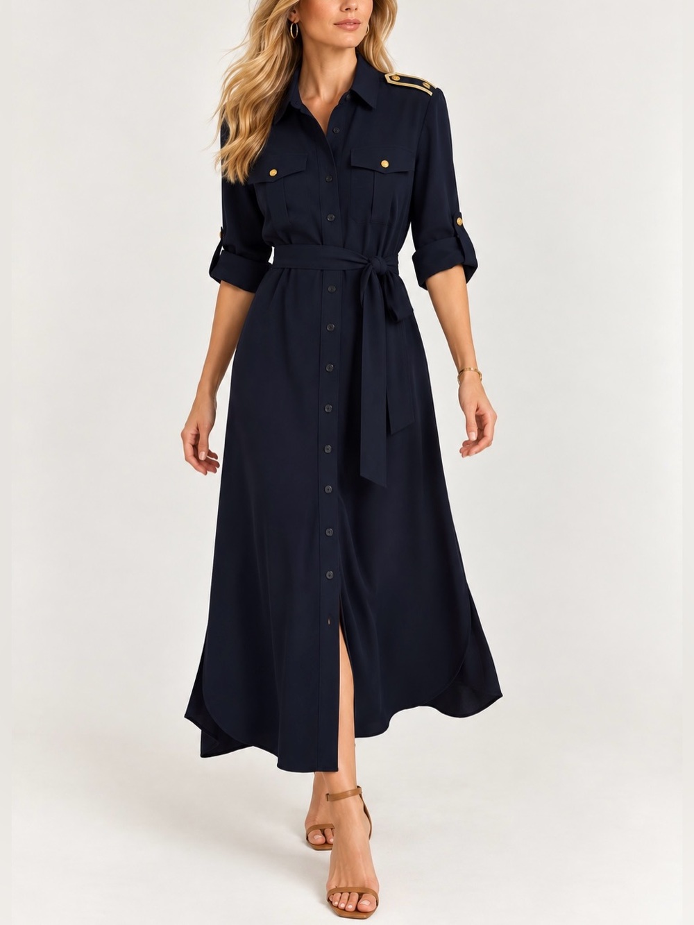 Ralph Lauren Jermae Long Sleeve Day Dress Button Up 4 Navy Blue Nautical Classic